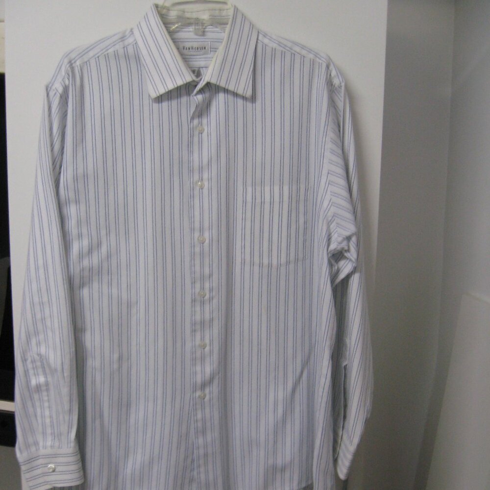 Van Heusen Men's White w/Blue Stripes Dress Shirt 17 1/2